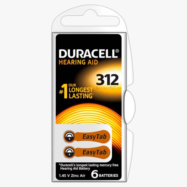 Duracell Hearing Aid A312 Battery EasyTab Brown | 6 Pack